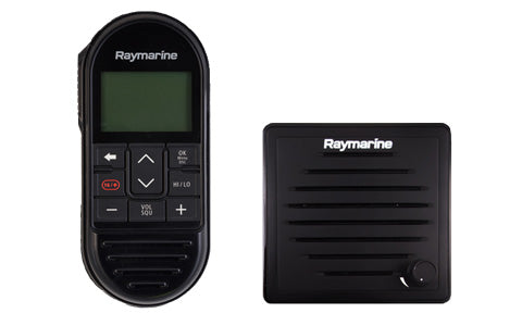 Raymarine T70434 VHF wireless station pack, black wireless handset with a screen beside a black passive speaker