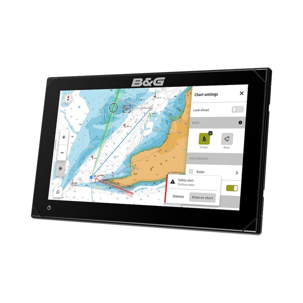 B&G 000-15221-001 Zeus S 9 chartplotter, front view of a black 9 inch display showing a coastal chart