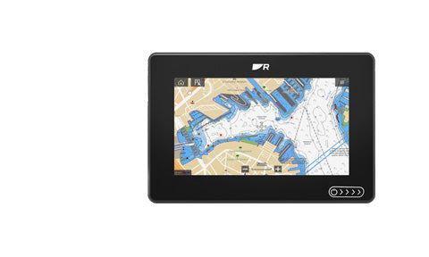 Raymarine E70634 Axiom+ 7, front view of black display showing a harbour chart with blue areas