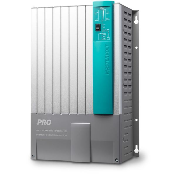 Mastervolt Mass Combi Pro 24/3500-100 38523500, front view of finned casing with teal panel and PRO label
