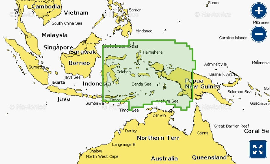 Garmin Navionics+ 010-C1222-20 Central W. Papua and E. Sulawesi NSAE024R coverage, green selection over Indonesia