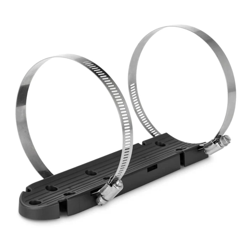 Garmin 010-13071-00 trolling motor mount, black base plate with two stainless steel hose clamps