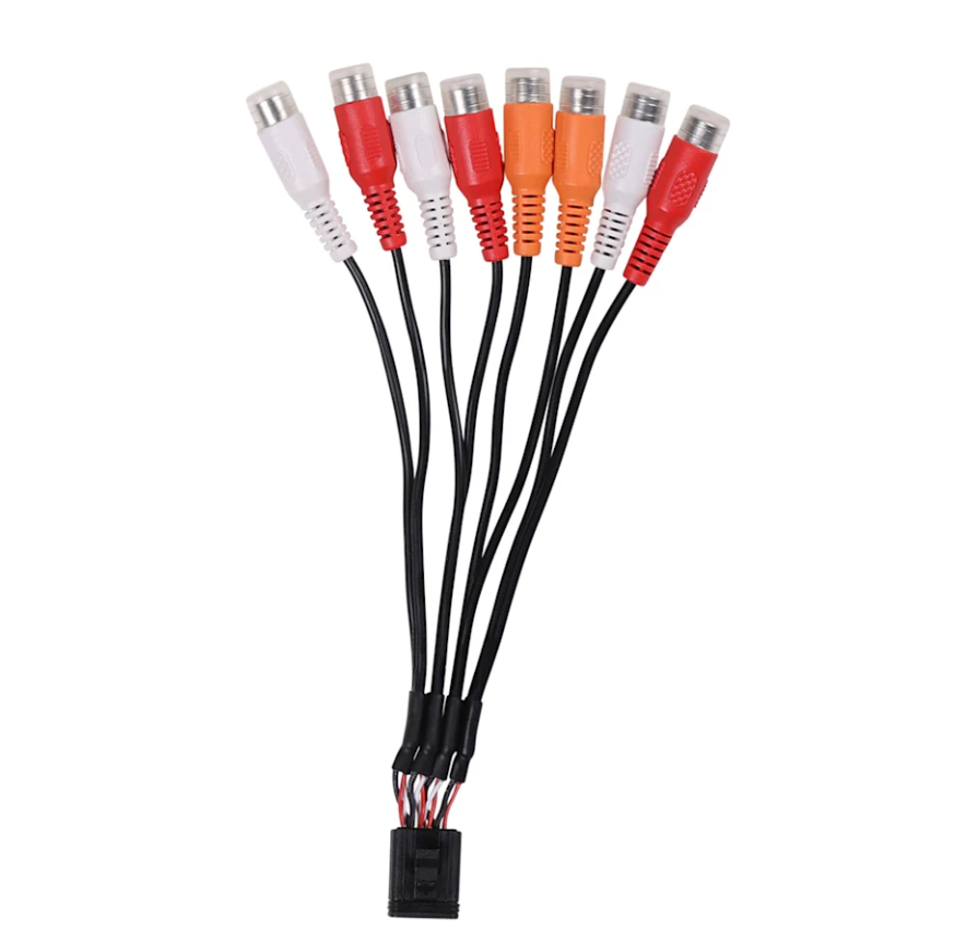 Fusion 010-13078-00 stereo Zone 1 connector, RCA in for AUX 1, eight red, white and orange RCA sockets on black leads