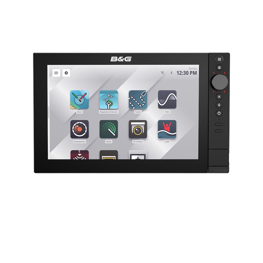 B&G 000-16025-001 Zeus SR 12 inch chartplotter, front view of a black display showing a home screen of app tiles