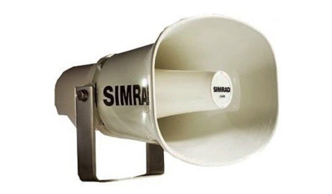 Simrad LSH80 white waterproof horn speaker for a loud hailer, front view of the flared horn on its bracket