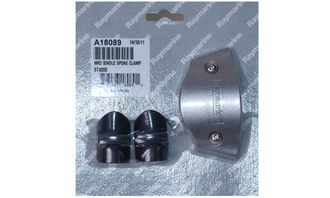 Raymarine A18089 Wheel Pilot Mk2 spoke clamp x1, grey metal clamp and two black pads on a grey backing card