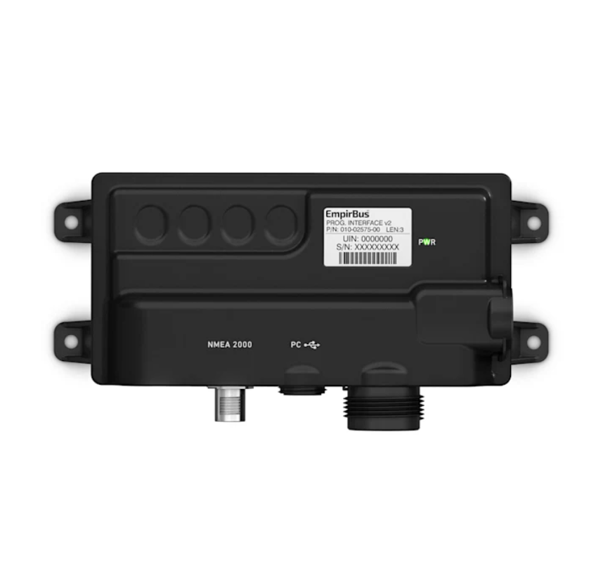 Garmin EmpirBus 010-02575-00 programming interface v2, black module with NMEA 2000 and PC port labels and mounting ears