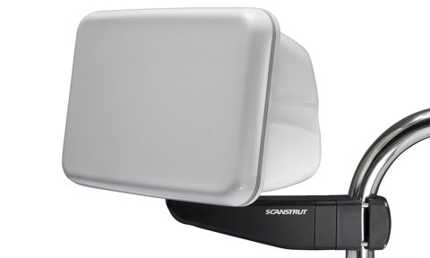 Scanstrut SPR-7-AM arm-mounted pod, white display cover on a black arm clamped to a stainless tube