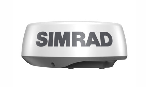 Simrad Halo20 pulse compression radar 000-14537-001, white dome scanner with large Simrad logo
