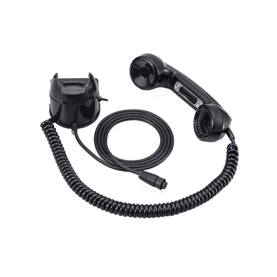 Icom HS-98 telephone handset, black handset on a coiled lead with a black cradle and a round plug