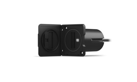 Garmin 010-02251-10 USB card reader, black housing with two open hinged card covers and a rear cable