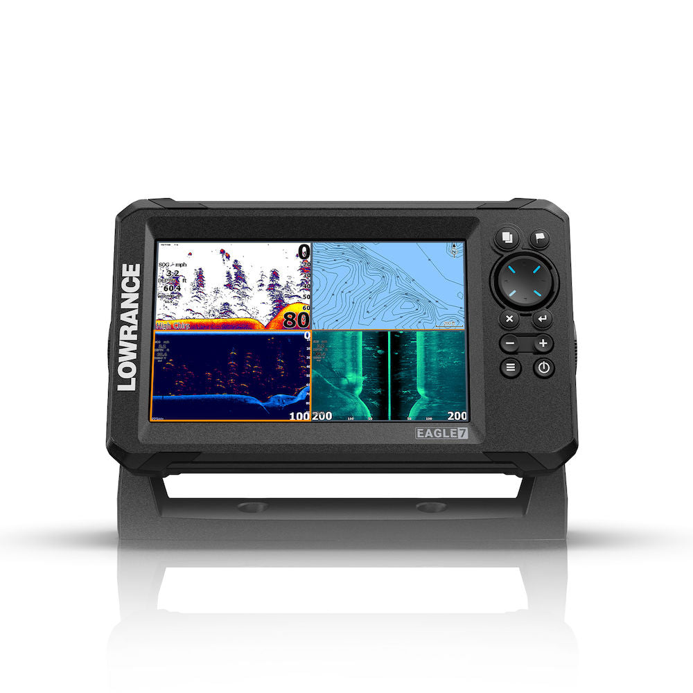 Lowrance 000-16230-001 Eagle 7 without transducer, front view of a 7 inch fishfinder showing sonar and chart panes