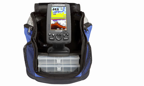 Lowrance Hook 4 000-12651-001 Ice Machine pack, fishfinder with yellow sonar display in blue carry bag with tackle tray