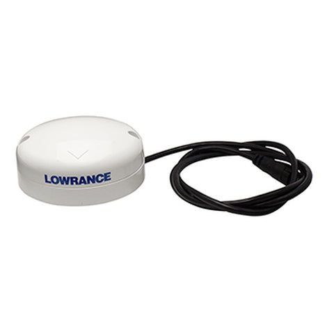 Lowrance 000-12930-002 Point-1 AP autopilot GPS and heading antenna, white domed puck with Lowrance lettering and a lead