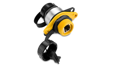 Garmin 010-10580-10 marine network PoE isolation coupler for FLIR cameras, yellow coupler body with silver barrel and caps