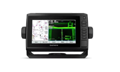 Garmin ECHOMAP UHD 75sv 010-02340-10 front view, split screen with chart and green sonar, depth 16.8 m