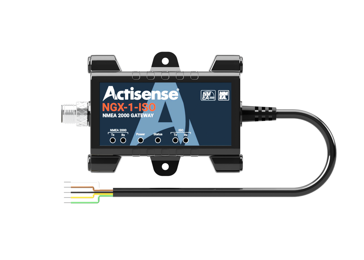 Actisense NGX-1-ISO NMEA 0183 to NMEA 2000 gateway, dark box with a lead ending in coloured bare wires