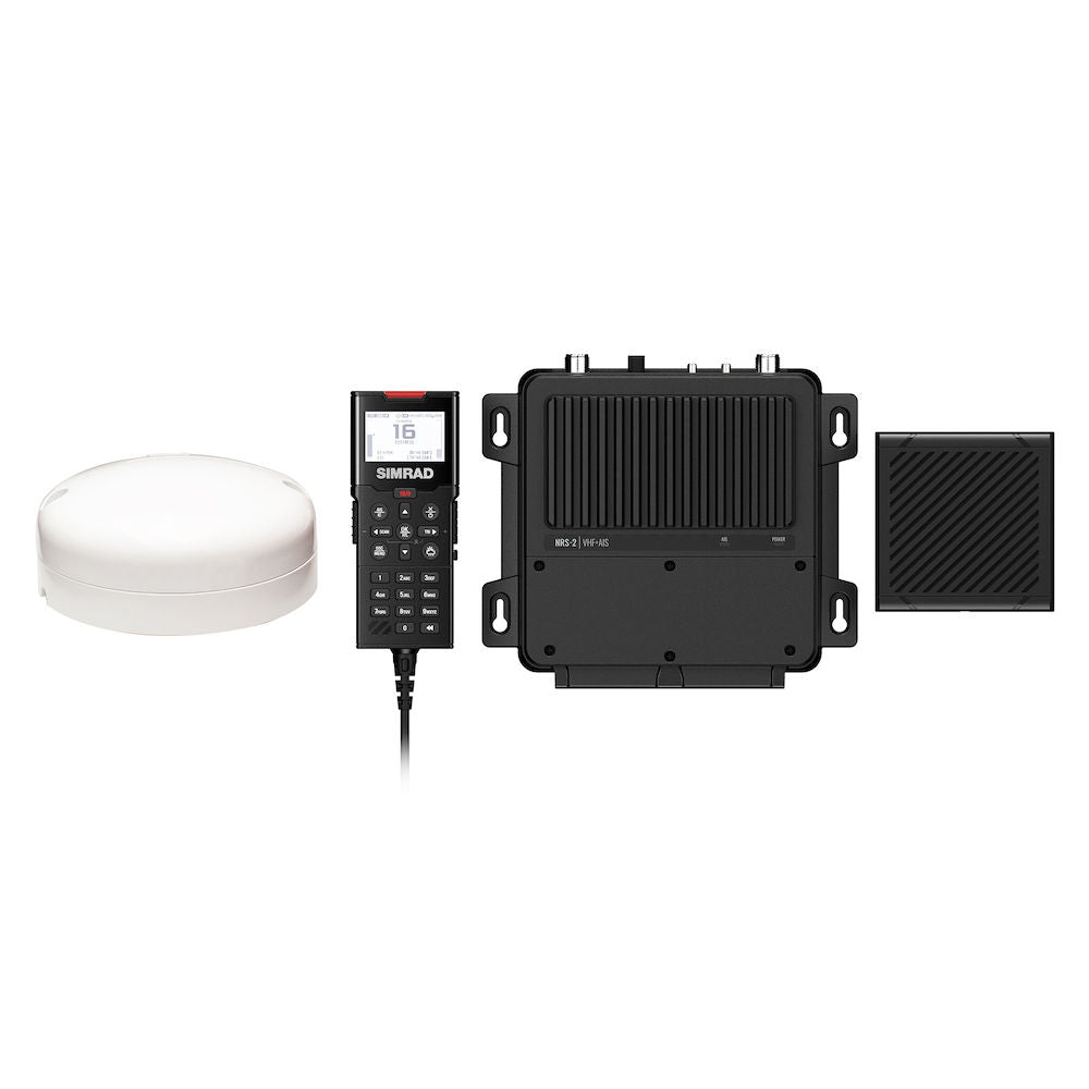 Simrad RS100-B VHF 000-15792-001 kit: white GPS-500 puck, handset, black radio unit and speaker