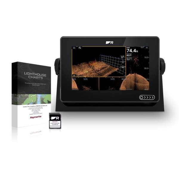 Raymarine E70635-00-WEU Axiom+ 7 RV on a bracket with LightHouse charts box and SD card, 3D sonar on screen