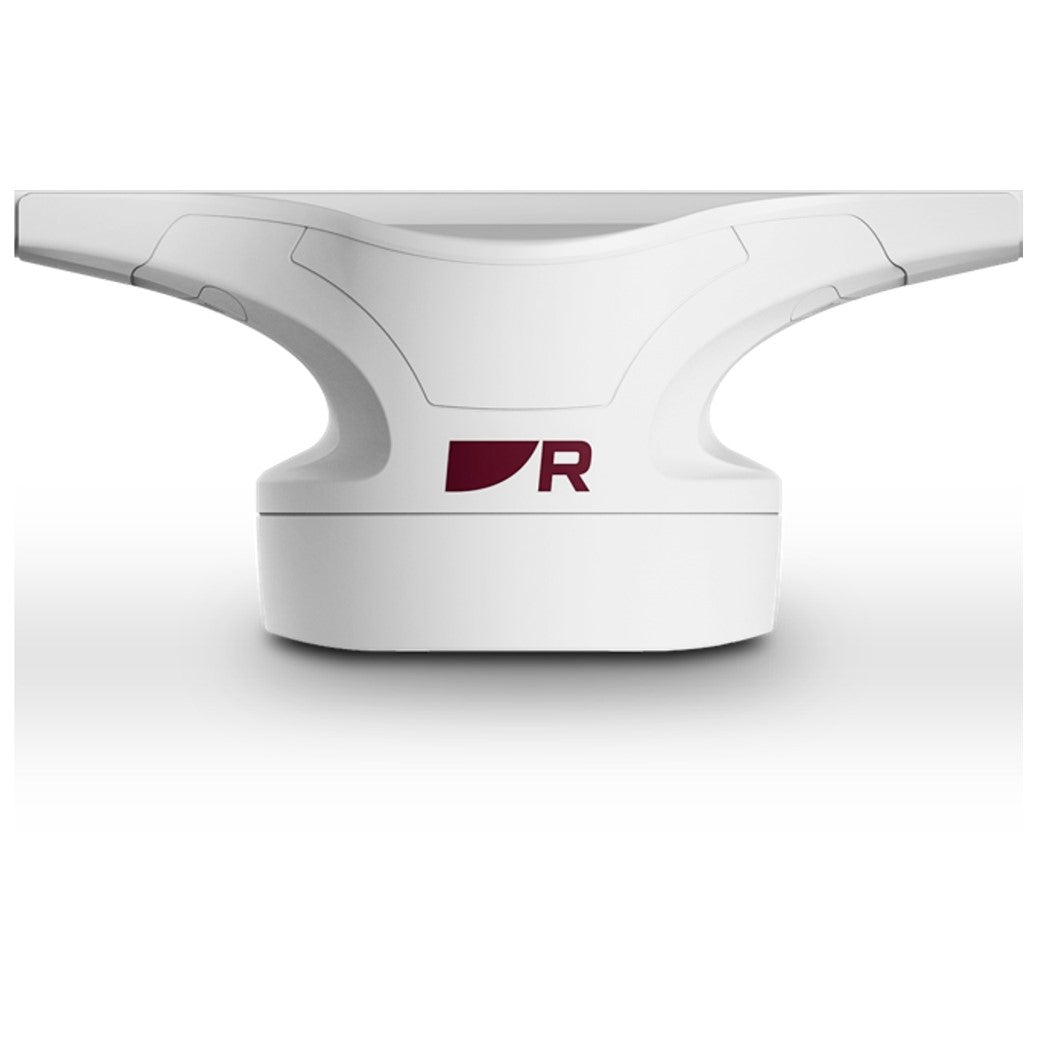 Raymarine E70620 Cyclone radar pedestal 55 watts, close view of white pedestal with maroon R logo and the bar base