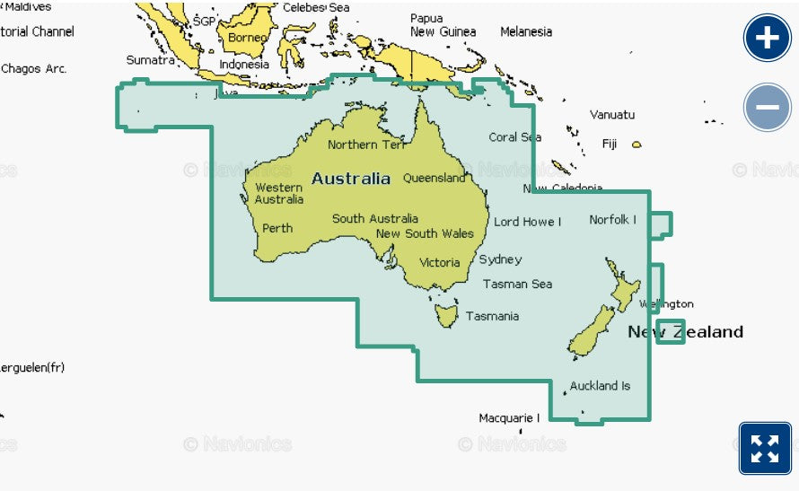Garmin Navionics+ 010-C1278-00 Australia and New Zealand NVPC012L coverage, green selection over both countries