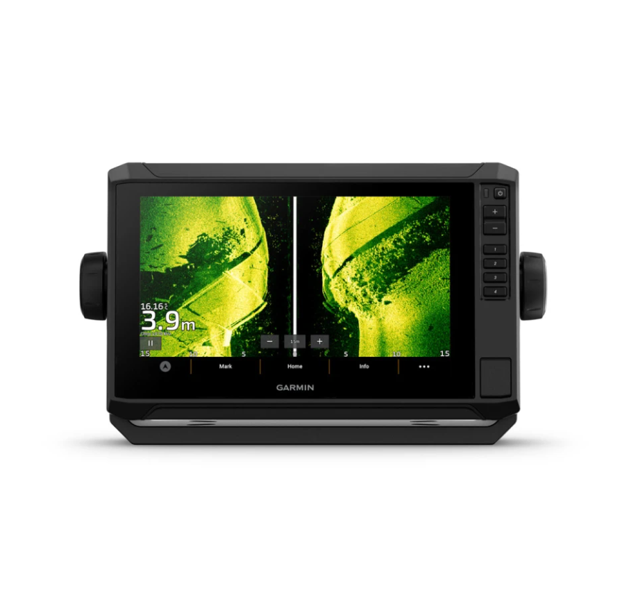 Garmin ECHOMAP UHD2 92sv 010-02687-00 without transducer, front view of green sidescan sonar, depth 3.9 m