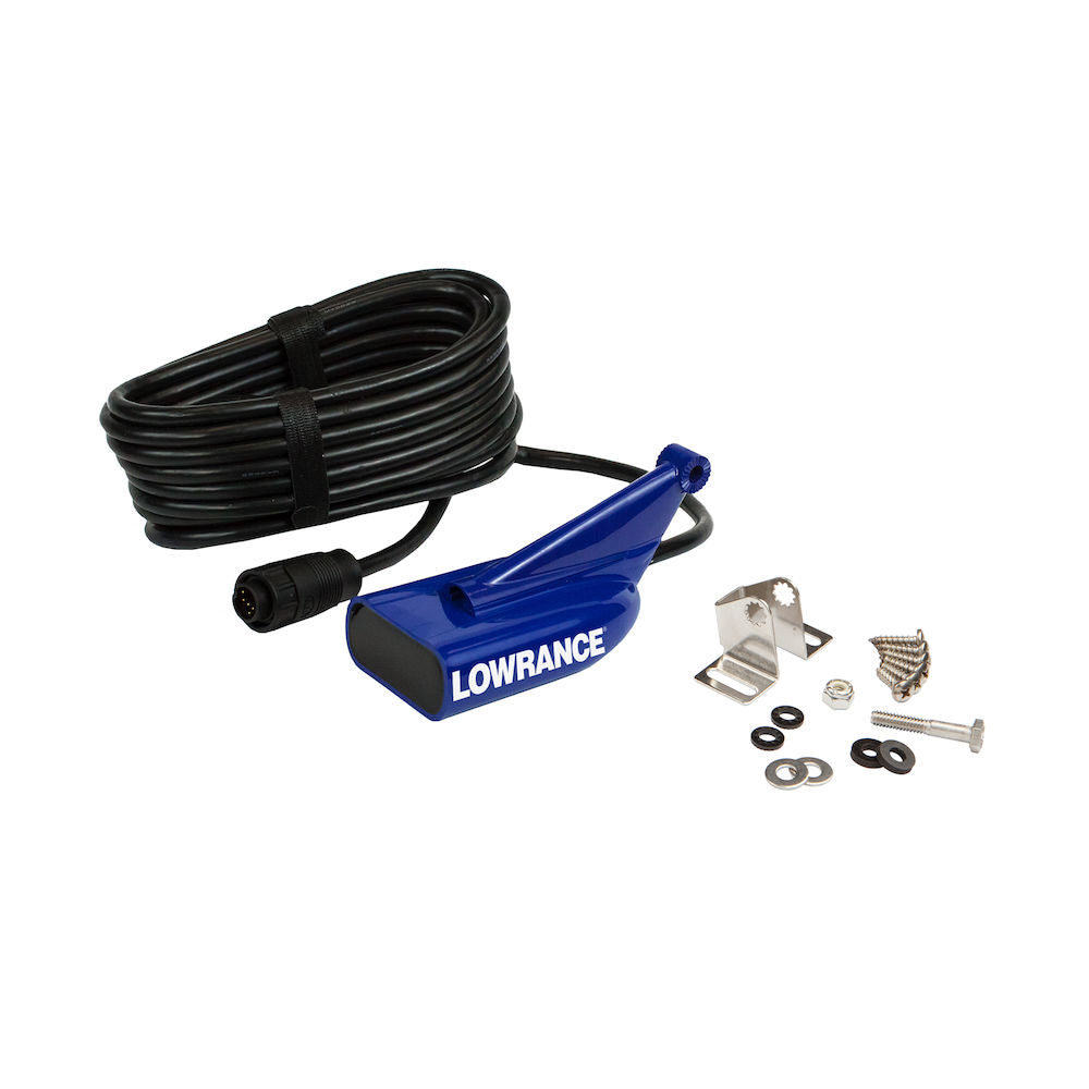 Lowrance HDI Skimmer 000-14267-001 blue transom transducer with cable, steel bracket, screws and washers laid out