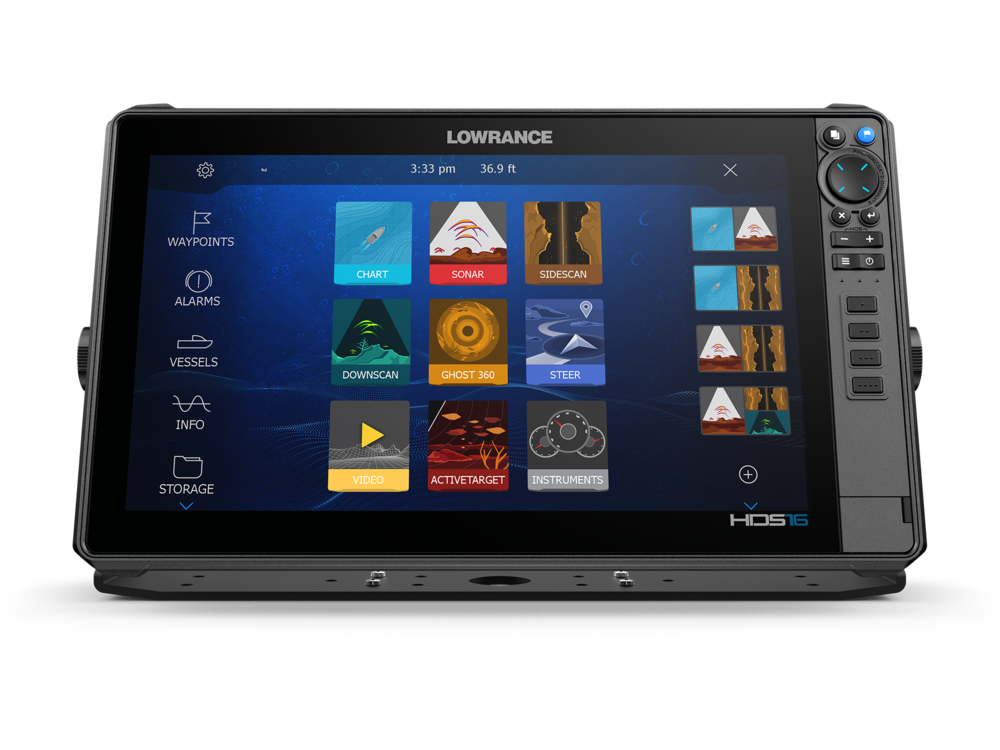 Lowrance HDS PRO 16 000-16006-001 large touchscreen showing home screen icons on black background, no transducer