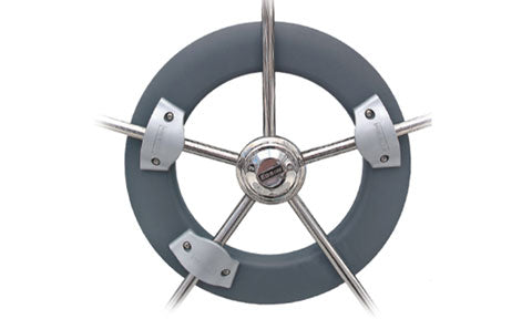 Raymarine E12093 Cockpit Mk II autopilot wheel drive and fitting kit, grey drive ring fitted to a stainless steel wheel