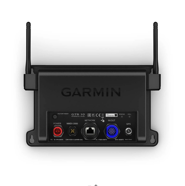 Garmin OnDeck Hub 010-02134-00, black unit with two aerials and power, network and GPS sockets, rear view