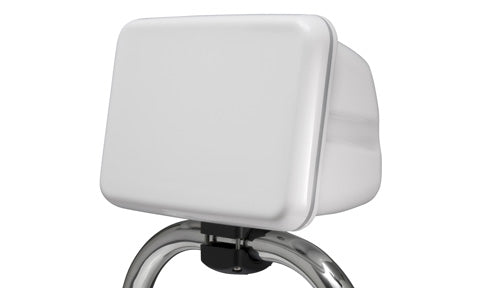 Scanstrut SPR-7-RM white rail mounted pod for a 7 inch display, front three-quarter view clamped on a stainless rail