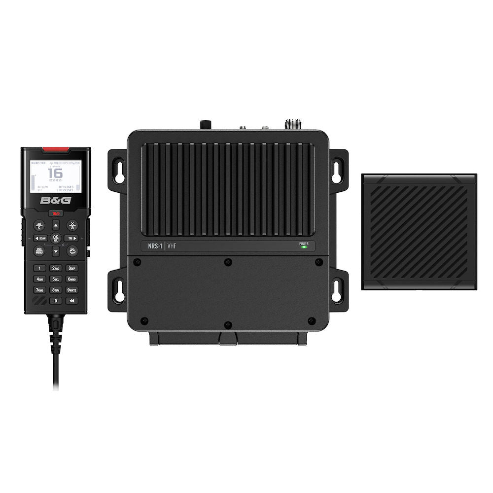 B&G 000-15644-001 V100 VHF radio system, black radio box, handset with a coiled lead and a square speaker