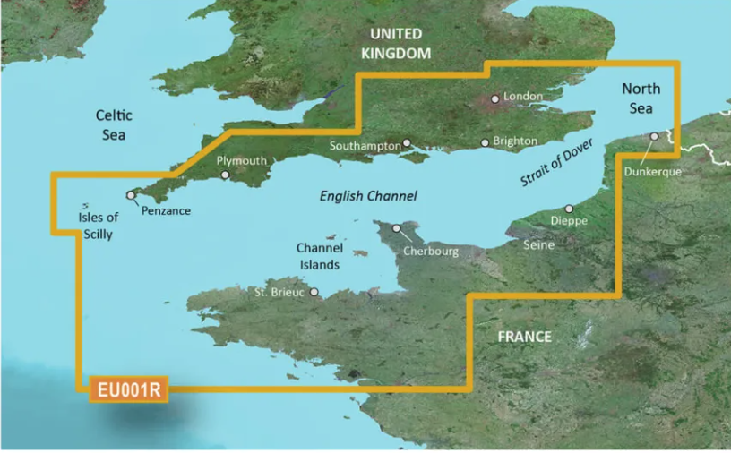 Garmin BlueChart g3 HXEU001R coverage map, English Channel from Cornwall to Dunkerque and Brittany
