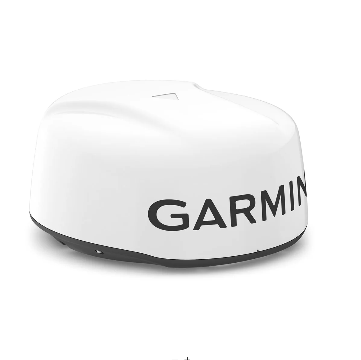 Garmin GMR 18/24 xHD3 010-02841-00 radome, white dome with large black Garmin lettering, angled front view