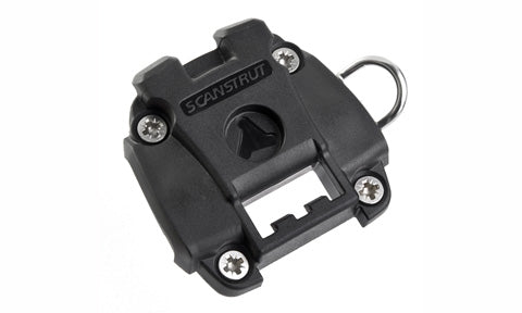 Scanstrut ROKK Mini RLS-401 black screw down base with release tab and fixing screws, top angled view