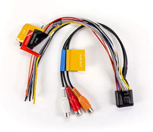Fusion Loom 010-12814-00 for SRX400, power, speaker and RCA harness with coloured labels and RCA sockets