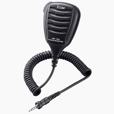 Icom HM-165 speaker microphone, black microphone with a ribbed front, a coiled lead and a small multi-pole plug