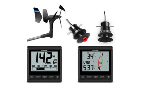 Garmin GNX wired sail pack 43 010-01248-60, wind vane, two displays showing 14.2 and 34 degrees, transducers