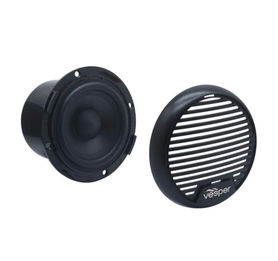 Vesper Cortex 010-13267-00 external weatherproof speaker, black speaker unit beside its slatted round grille