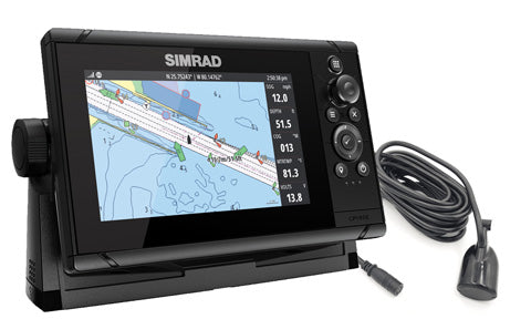 Simrad Cruise 7 ROW 000-14999-001 7 inch chartplotter showing a chart, with 83/200 transducer on cable