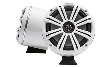 Kicker KM Marine 8 inch surface mount coaxial speaker pair in white, KA46KMFC8W, white spoked grille speakers, white housings
