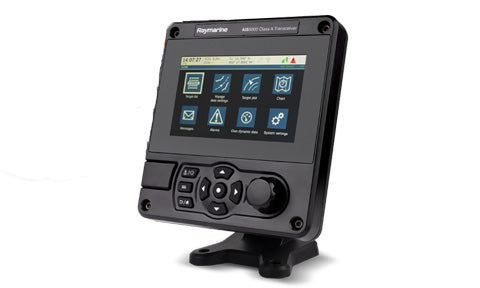 Raymarine E70529 AIS5000 Class A first response AIS transponder, black unit on a stand showing a menu of coloured icons