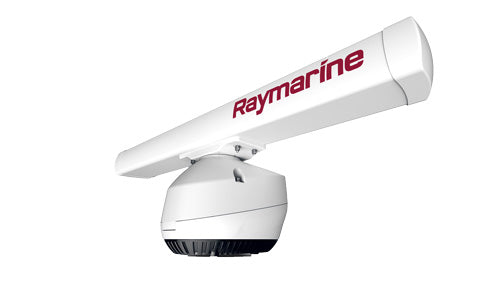 Raymarine T70408 4 kW Magnum radar with 4 ft open array, white scanner bar with Raymarine lettering on a pedestal