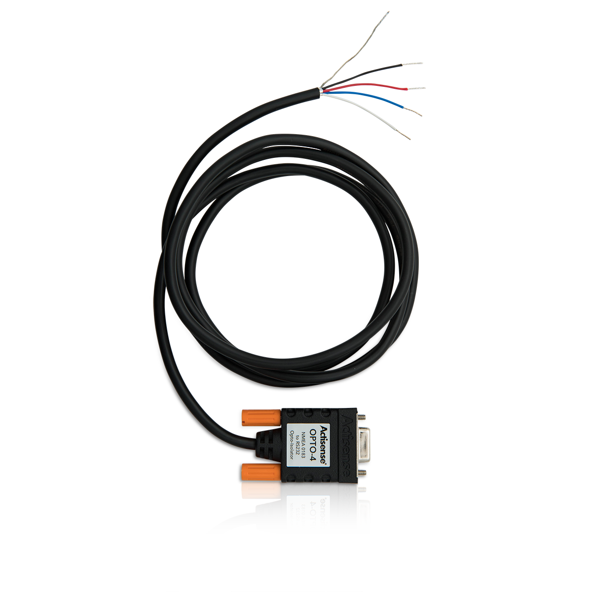 Actisense OPTO-4 NMEA 0183 PC opto-isolator cable, black cable with bare coloured wires and a DB9 module, on black