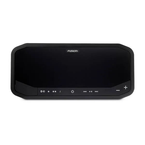 Fusion Panel Stereo 010-02005-00, front view of black panel unit with Bluetooth, play and volume controls