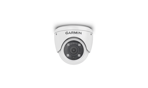 Garmin GC 200 010-02164-00 marine IP camera, small white dome camera on a black background
