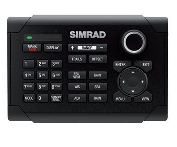 Simrad 02000 radar controller 000-13958-001, front view of keypad, range keys, joystick dial and menu buttons
