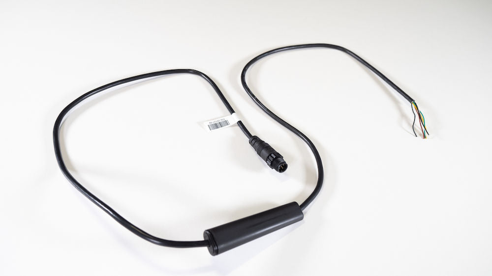 Navico 000-15939-001 NMEA 0183 interface, black cable with a round plug, an in-line module and bare coloured wires