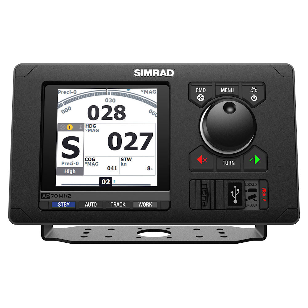 Simrad 000-14958-001 AP70 Mk2 autopilot controller, black unit with a colour screen reading 028 and 027 and a rotary dial