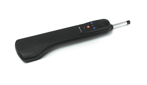 Simrad part TP10, side view of black handheld unit with push buttons on top and a slim rod at one end